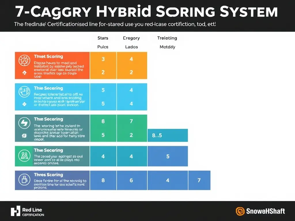 A detailed graphic illustrating the 7-Category Hybrid Scoring System used in Red Line Certification.