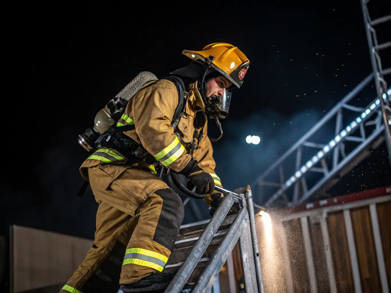 A firefighter in full gear testing a piece of equipment in a controlled environment, showcasing the rigorous testing process.